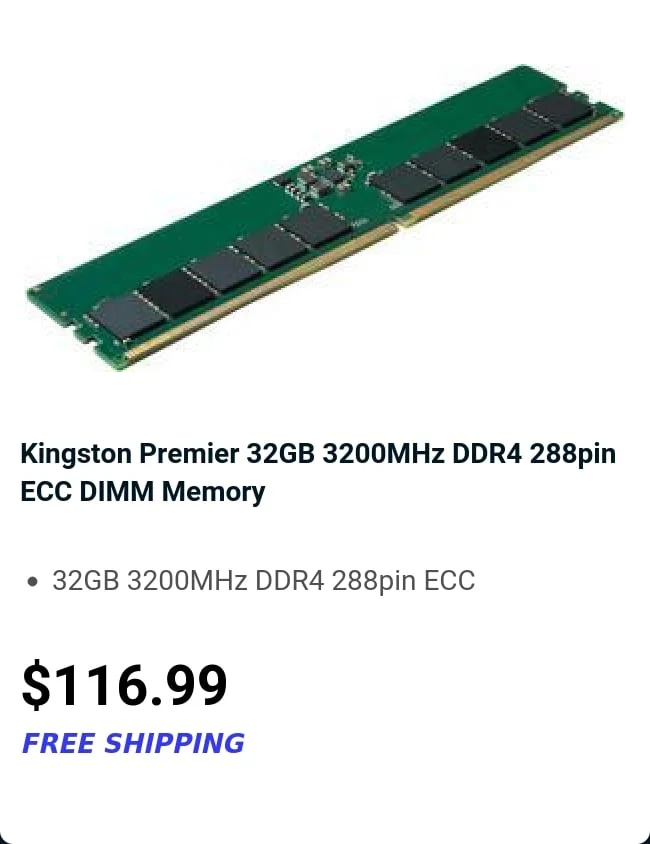 Kingston Premier 32GB 3200MHz DDR4 288pin 
    ECC DIMM Memory