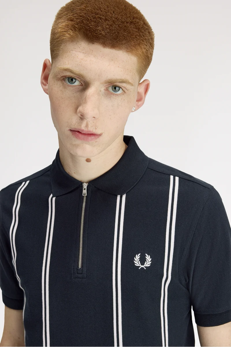 Navy Polo with white vertical stripes