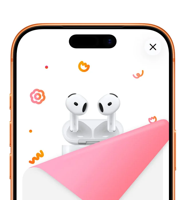 iPhone 17 Pro, cosmic orange color, on-screen gift paper in pink color is peeled down, revealing AirPods 4 wireless headphones, lid open, charging case, surrounded by dots, squiggles, spirals, and flower shapes in pink and orange colors