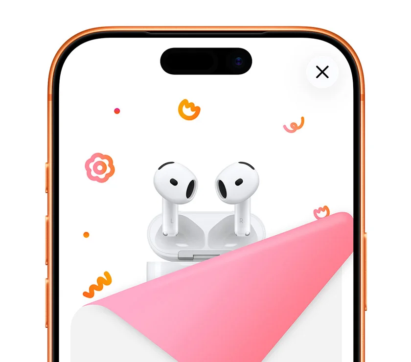 iPhone 17 Pro, cosmic orange color, on-screen gift paper in pink color is peeled down, revealing AirPods 4 wireless headphones, lid open, charging case, surrounded by dots, squiggles, spirals, and flower shapes in pink and orange colors