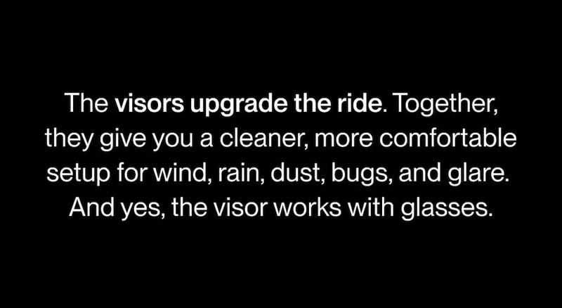 A visor protects from wind, rain, dust, bugs, and glare while fitting over glasses.