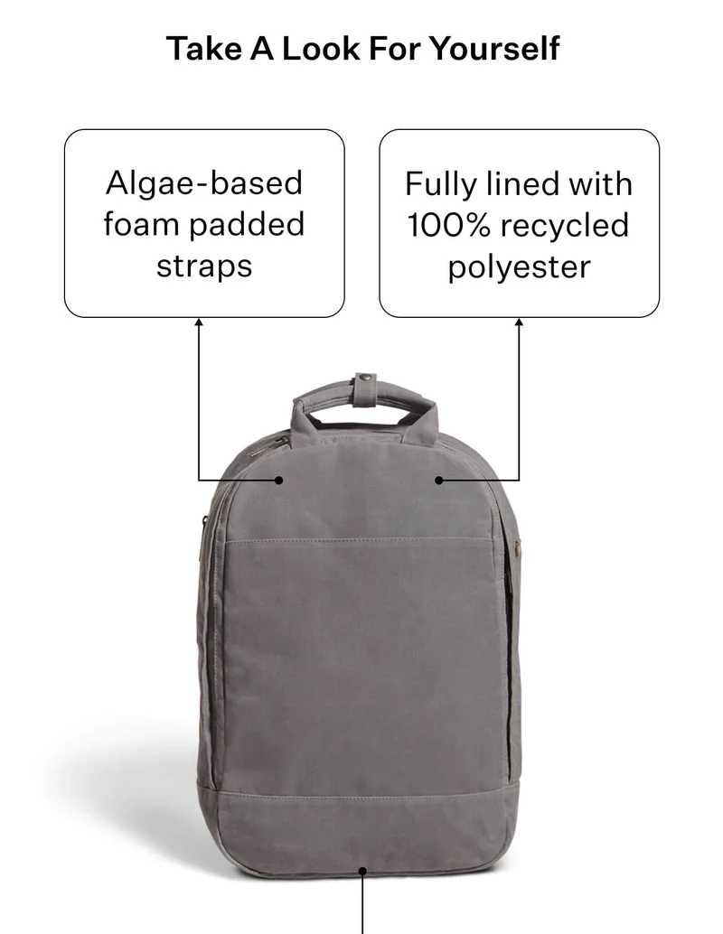 Take A Look For Yourself - Algae-based foam padded straps // Fully lined with 100% recycled polyester // Recycled poly webbing and straps // First Mile ® waxed canvas  (made from 25 discarded plastic bottles)
