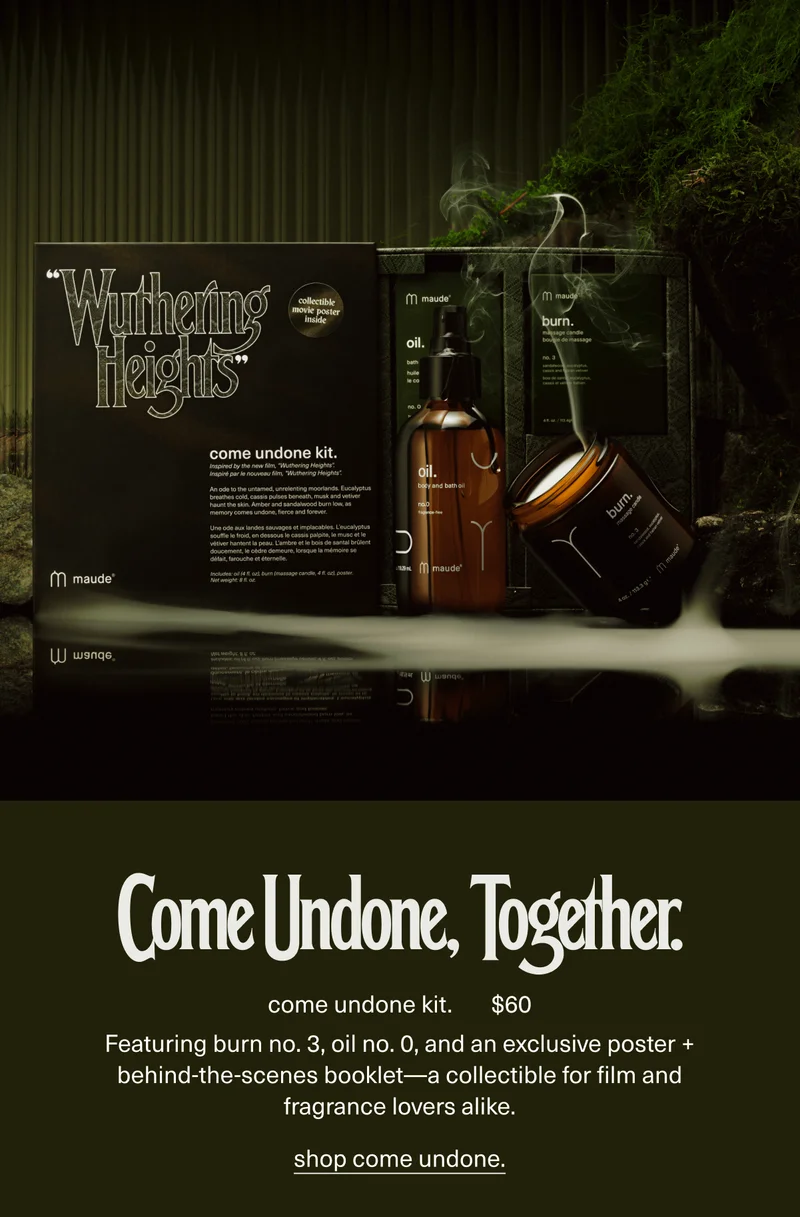 Come Undone, Together. | come undone kit. | $60 | Featuring burn no. 3, oil no. 0, and an exclusive poster + behind-the-scenes booklet—a collectible for film and fragrance lovers alike. | shop come undone.