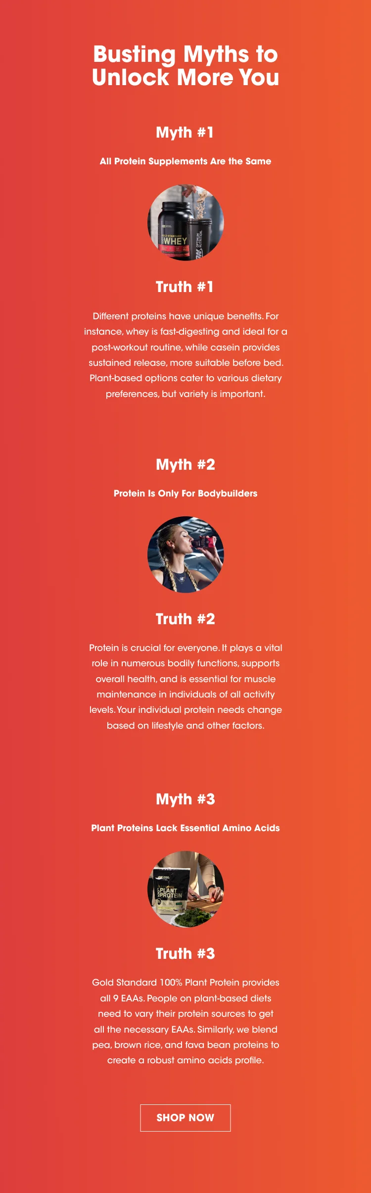 Busting Myths to Unlock More You. Myth #1 - All Protein Supplements Are the Same. Truth #1 Different proteins have unique benefits. For instance, whey is fast digesting and ideal for a post-workout routine, while casein provides sustained release, more suitable before bed. Plant-based option cater to various dietary preferences, but variety is important. Myth #2 - Protein Is Only For Bodybuilders. Truth #2 - Protein is crucial for everyone. It plays a vital role in numerous bodily functions, supports overall health, and is essential for muscle maintenance in individuals of all activity levels. Your individual protein needs change based on lifestyle and other factors. Myth #3 - Plant Proteins Lack Essential Amino Acids. Truth #3 - Gold Standard 100% Plant Protein provides all 9 EAAs. People on plant-based diets need to vary their protein sources to get all the necessary EAAs. Similarly, we blend pea, brown rice, and fava bean proteins to create a robust amino acids profile. SHOP NOW.