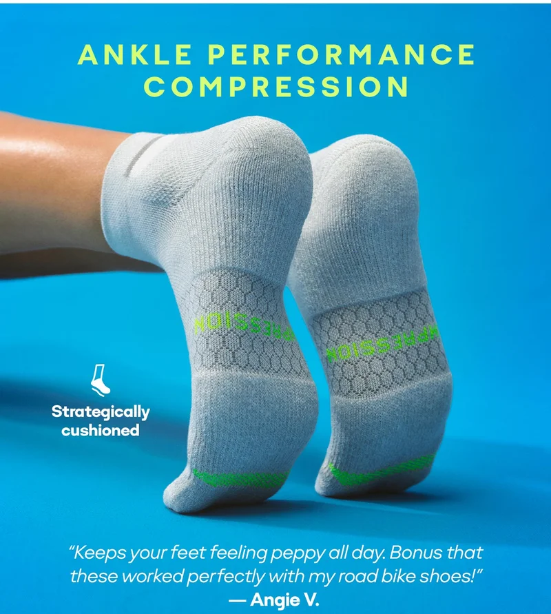 ANKLE PERFORMANCE COMPRESSION | Strategically cushioned | Keeps your feet feeling peppy all day. Bonus that these worked perfectly with my road bike shoes! - Angie V.