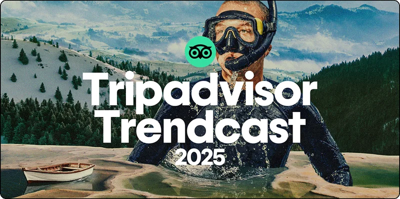 Image Description: Collage with a larger-than-life man in snorkeling gear emerging from the water with different mountains in the background.
