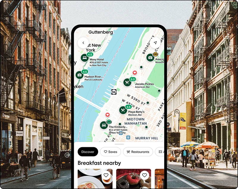 Image Description: Phone screen overlaid on an image of a busy city street. The phone shows a map of the city with different points of interest saved and a carousel below for breakfast nearby.