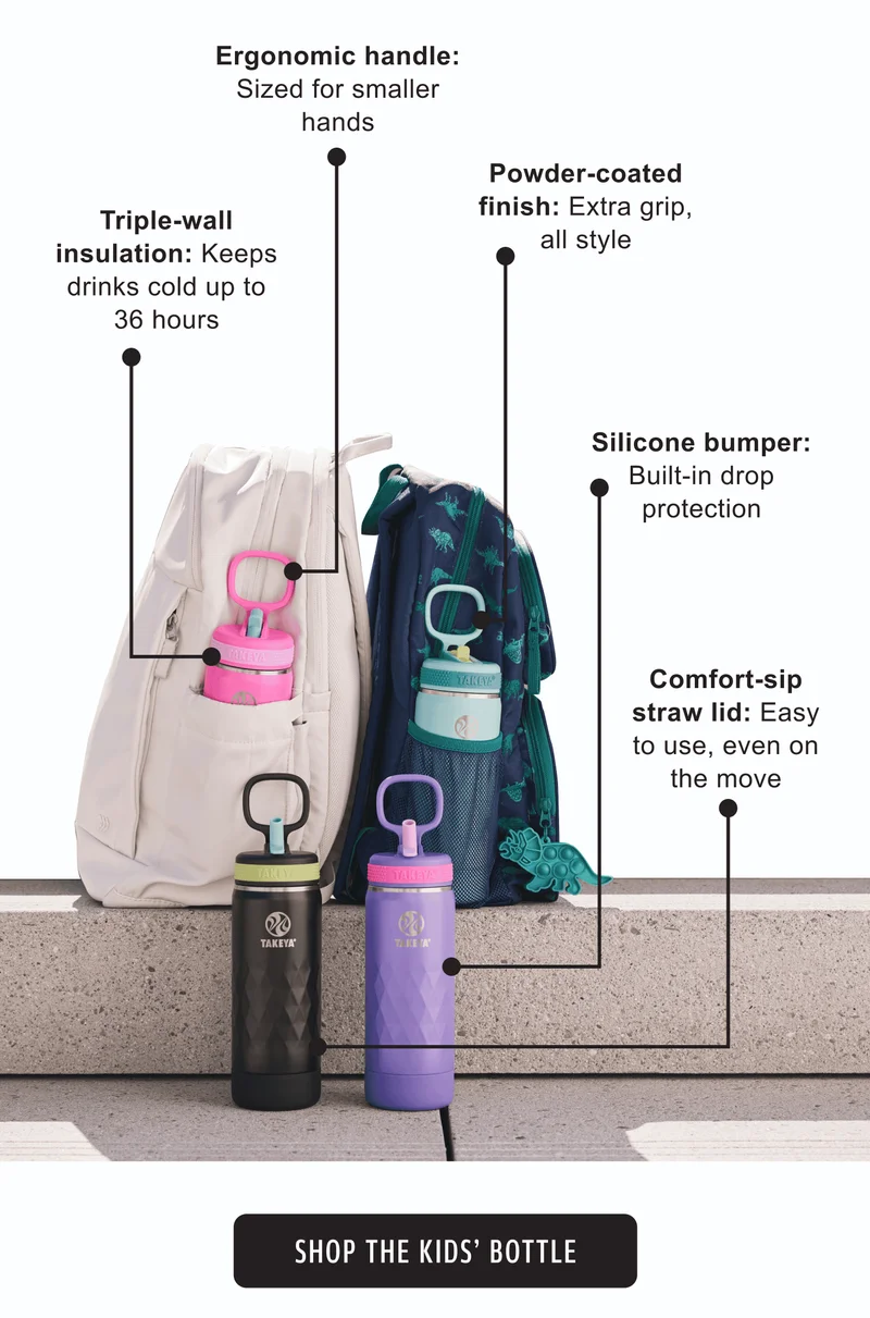 Ergonomic handle: Sized for smaller hands | Triple-wall insulation: Keeps drinks cold up to 36 hours | Powder-coated finish: Extra grip, all style | Silicone bumper: Built-in drop protection | Comfort-sip straw lid: Easy to use, even on the move | Shop The Kids' Bottle