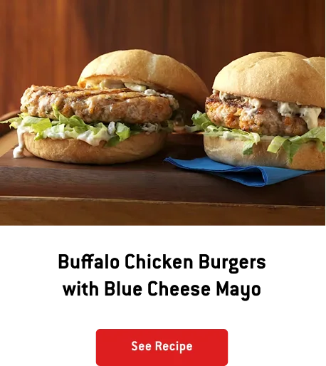 Buffalo Chicken Burgers with Blue Cheese Mayo
