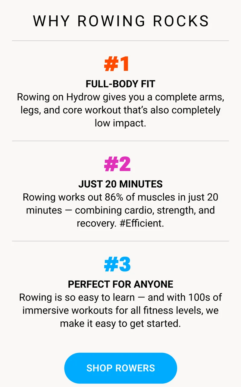 WHY ROWING ROCKS. #1 Full-Body Fit. Rowing on Hydrow gives you a complete arms, legs, and core workout that's also completely low impact. #2 Just 20 Minutes. Rowing works out 86% of muscles in just 20 minutes - combining cardio, strength, and recovery. #Efficient. #3 Perfect for Anyone. Rowing is so easy to learn - and with 100s of immersive workouts for all fitness levels, we make it easy to get started. Shop Rowers.