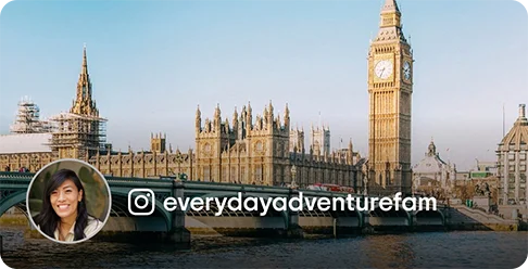 Image Description: A bridge over water in front of Big Ben. A profile photo of a person and a camera icon with the handle everydayadventurefam are on the image.