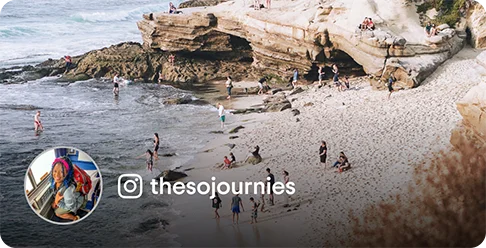 Image Description: People exploring tide pools at the beach. A profile photo of a person wearing a backpack and a camera icon with the handle thesojournies are on the image.