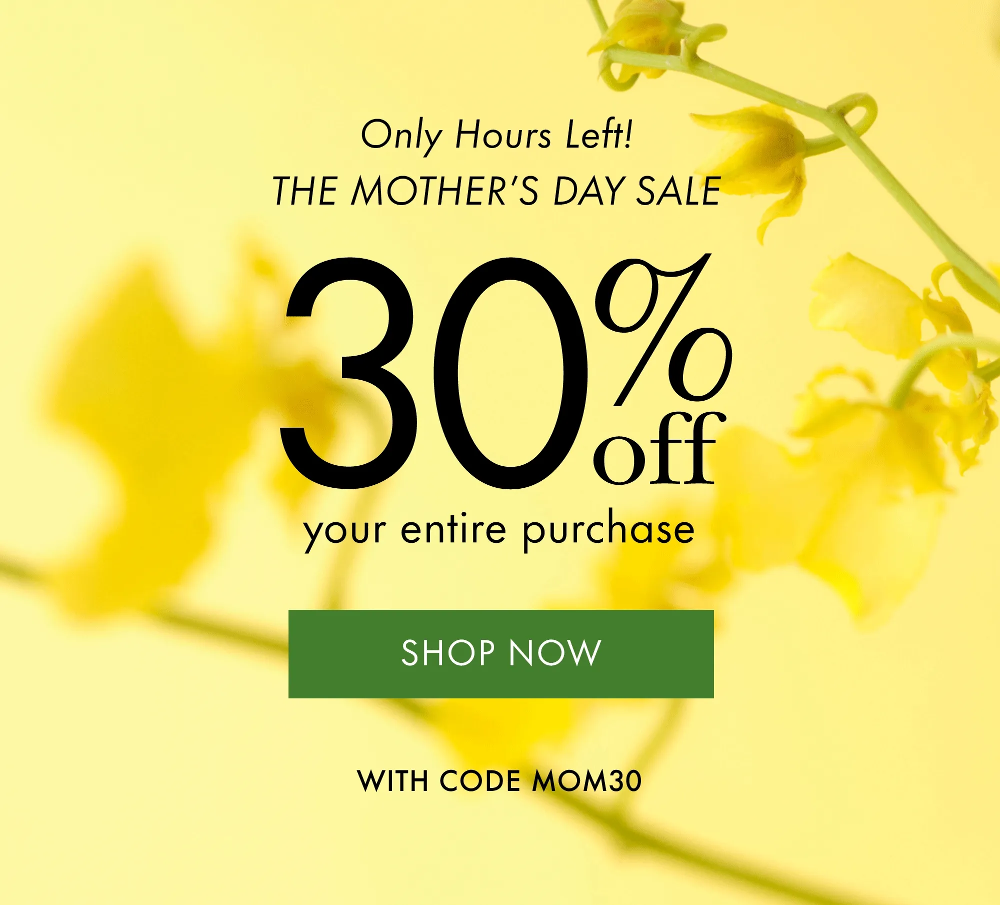 Only Hours Left! The Mother's Day Sale. 30% off your entire purchase with code MOM30