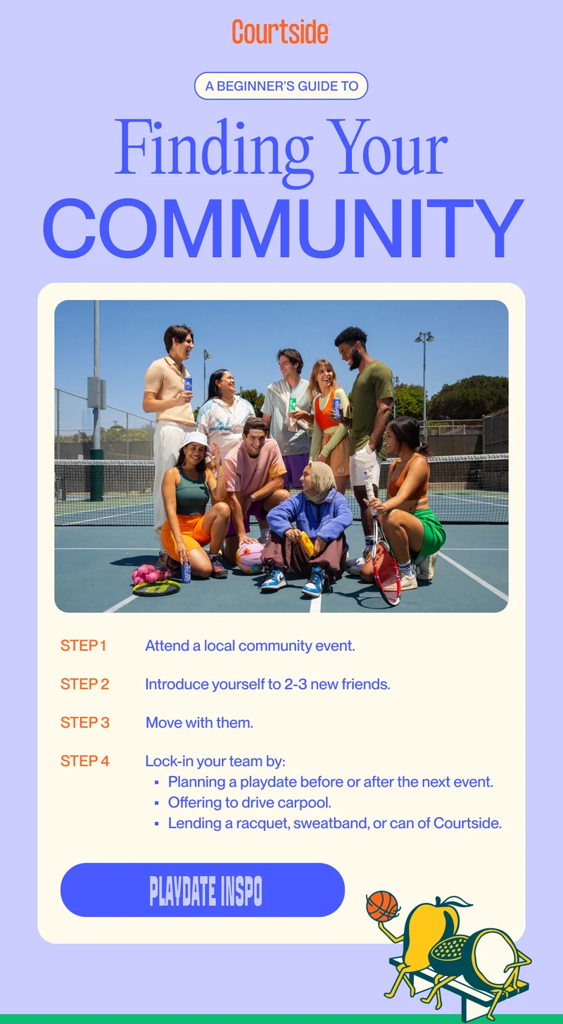 Finding Your Community step 1  Attend a local community event. step 2 Introduce yourself to 2-3 new friends. step 3 Move with them. step 4 Lock-in your team by: Planning a playdate before or after the next event. Offering to drive carpool. Lending a racquet, sweatband, or can of Courtside. playdate inspo