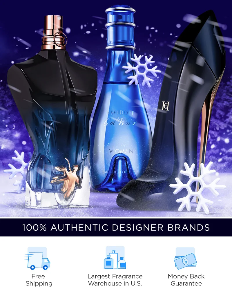 Snow falls around top fragrances in a dark winter setting