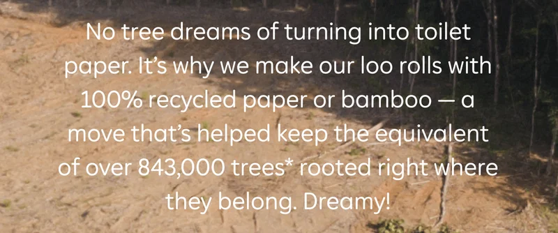 No tree dreams of turning into toilet paper. It’s why we make our loo rolls with 100% recycled paper or bamboo — a move that’s helped keep the equivalent of over 843,000 trees* rooted right where they belong. Dreamy!