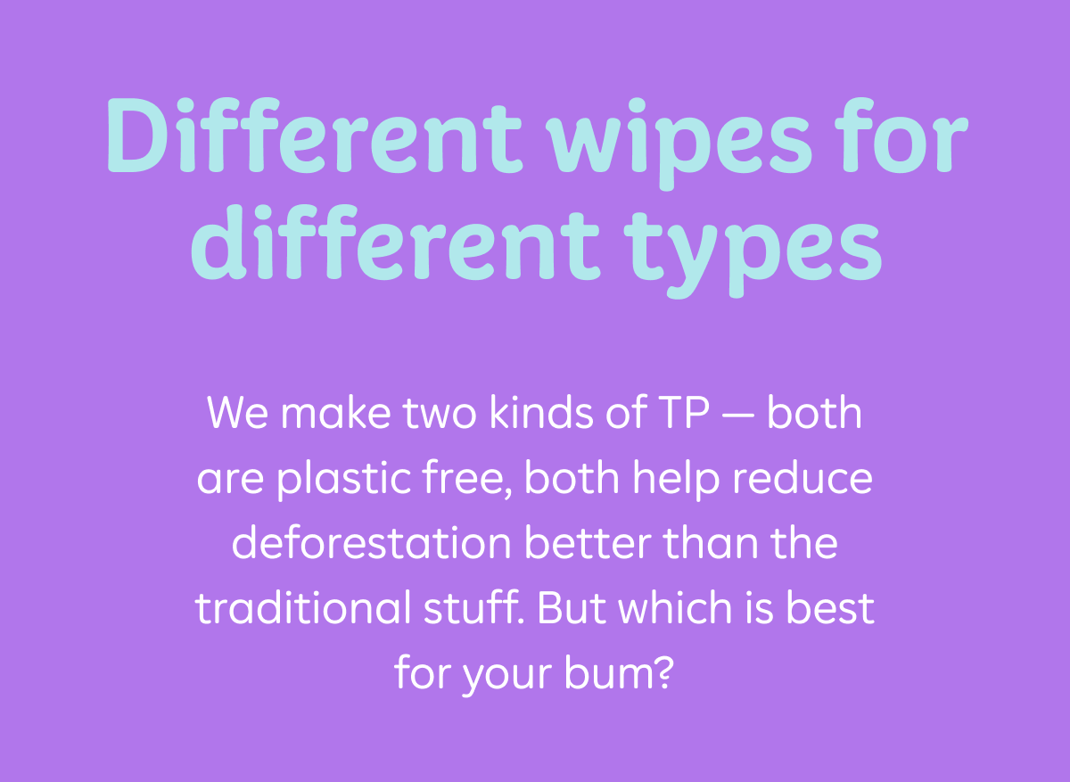 Different wipes for different types: We make two kinds of TP – both are plastic free, both help reduce deforestation better than the traditional stuff. But which is best for your bum?