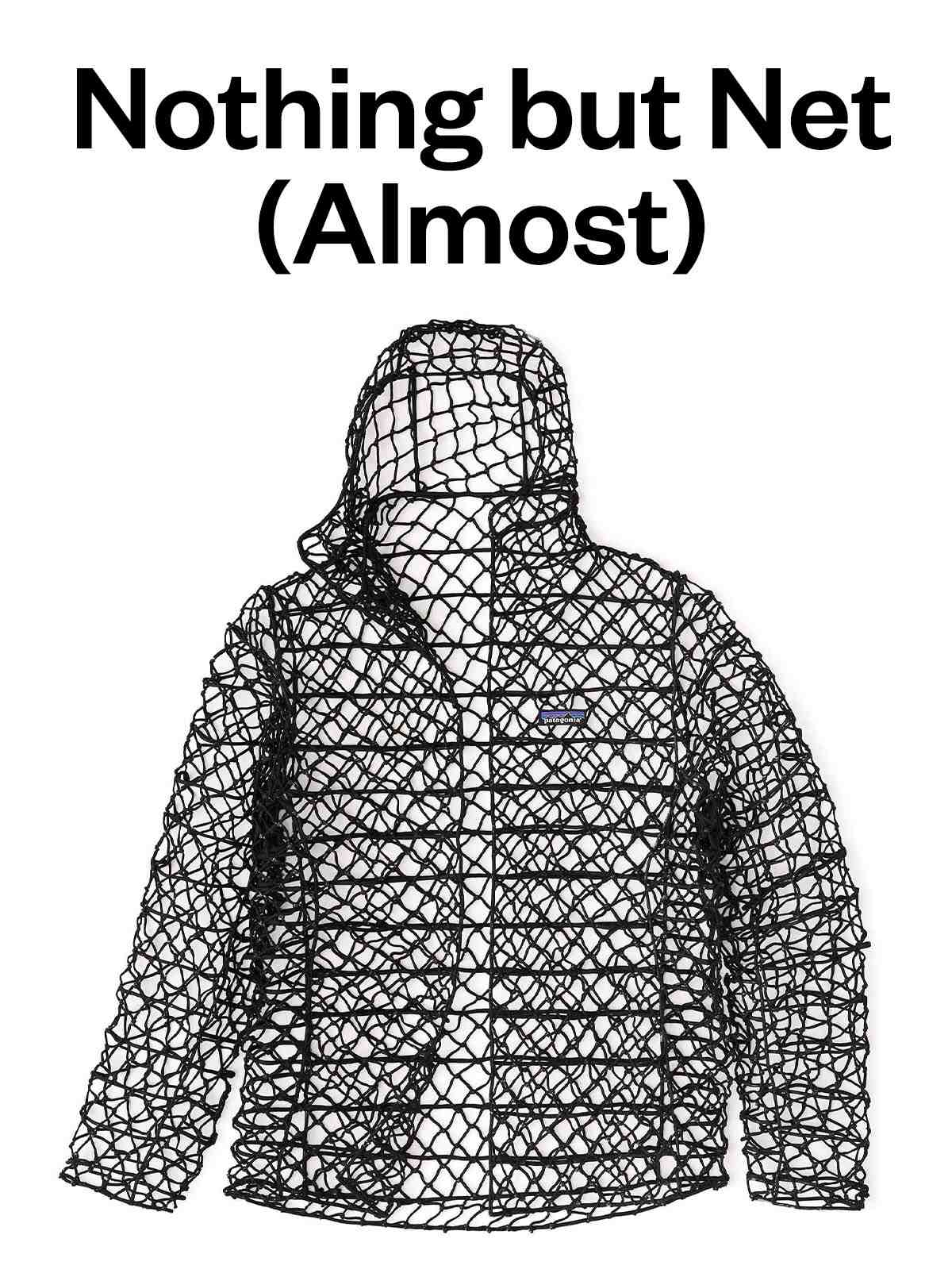 Graphic of a Patagonia down sweater silhouette made from actual fishing net.