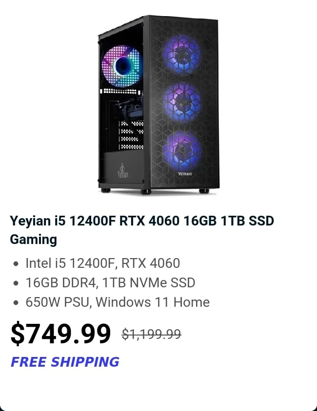 Yeyian i5 12400F RTX 4060 16GB 1TB SSD Gaming