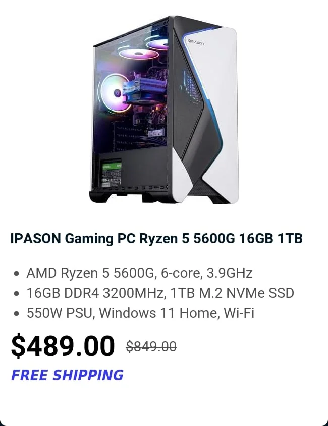 IPASON Gaming PC Ryzen 5 5600G 16GB 1TB