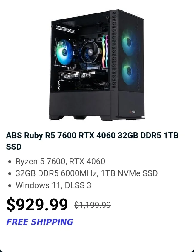 ABS Ruby R5 7600 RTX 4060 32GB DDR5 1TB SSD