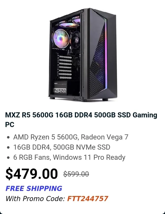 MXZ R5 5600G 16GB DDR4 500GB SSD Gaming PC