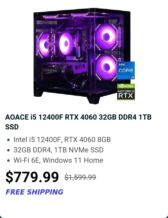 AOACE i5 12400F RTX 4060 32GB DDR4 1TB SSD