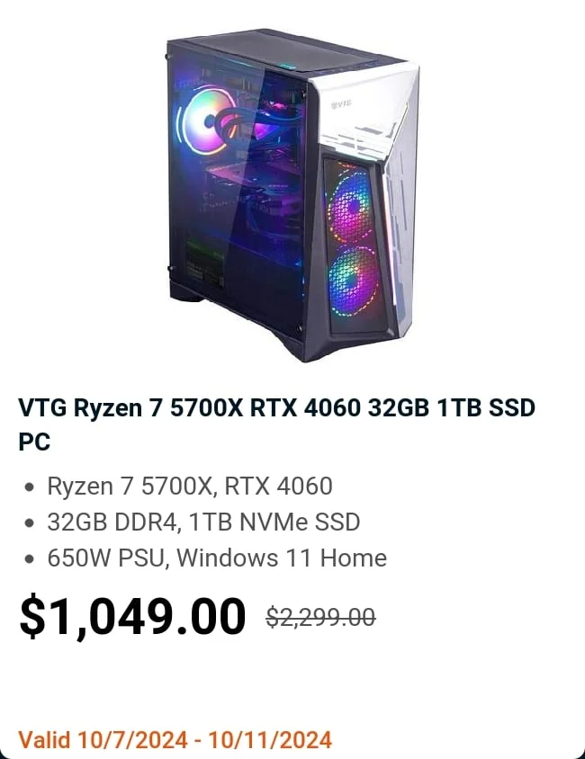 VTG Ryzen 7 5700X RTX 4060 32GB 1TB SSD PC
