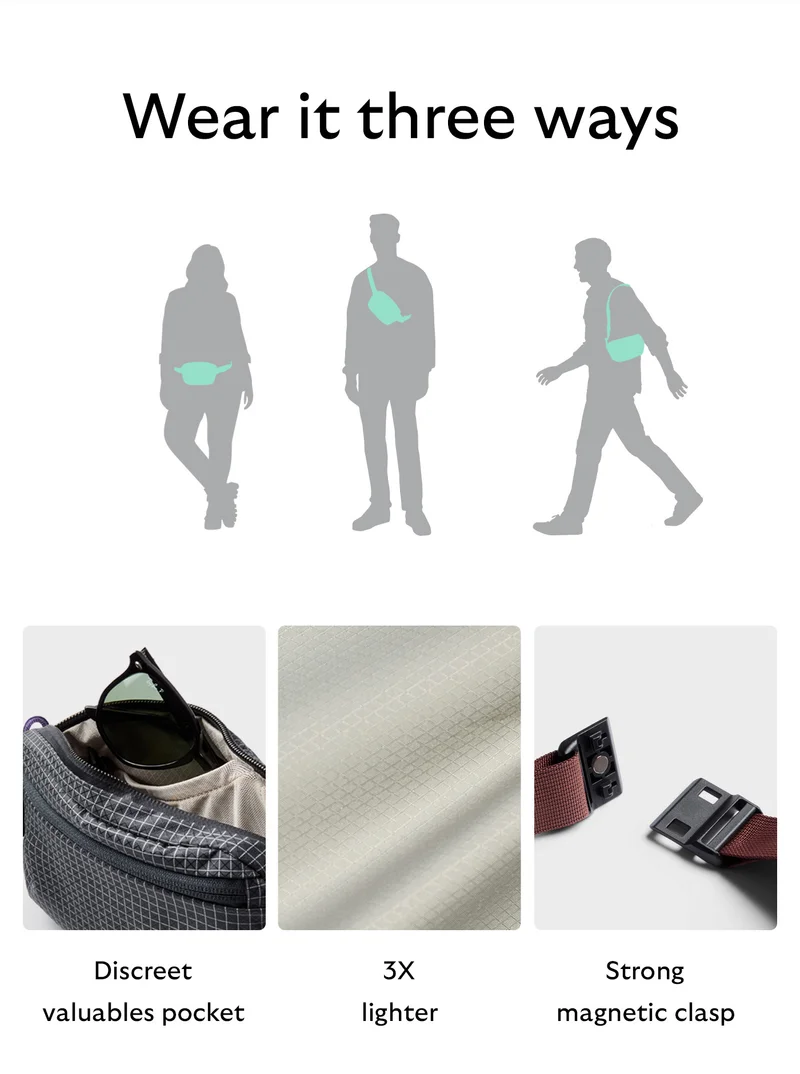 Wear it three ways Discreet valuables pocket 3x Lighter Strong magnetic clasp