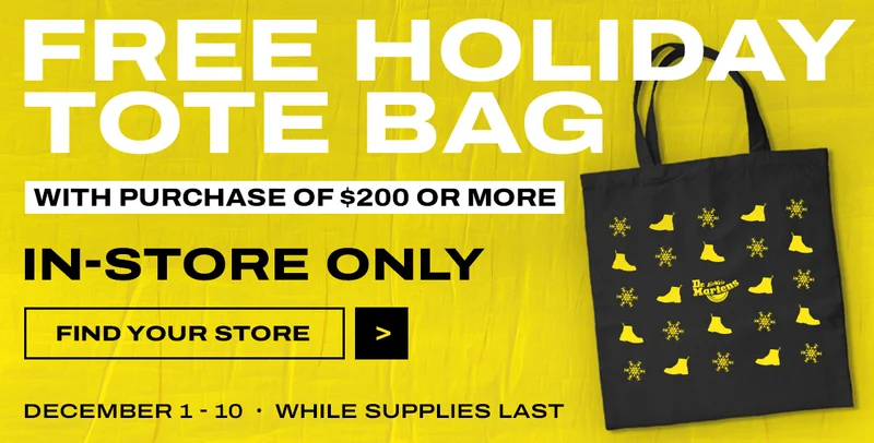 Free tote bag with a purchase of $200 or more in-store only. FIND YOUR STORE