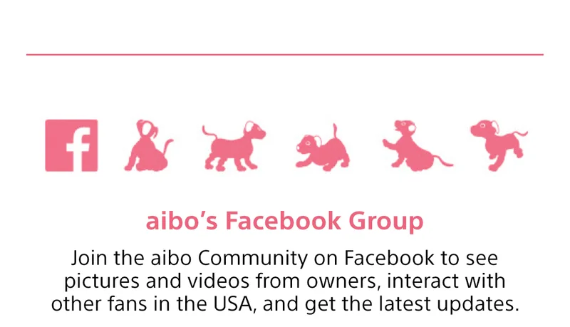 Join the aibo Community on Facebook to see pictures and videos from owners, interact with other fans in the USA, and get the latest updates.