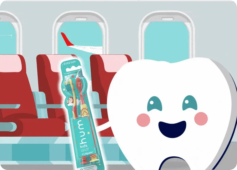 Image of Toothy on a plane holding a toothbrush pack