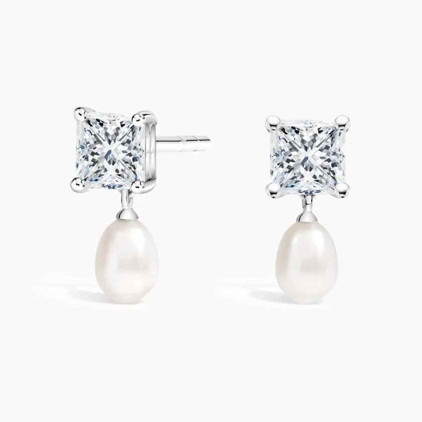 Cultured Pearl And Princess Diamond Earrings