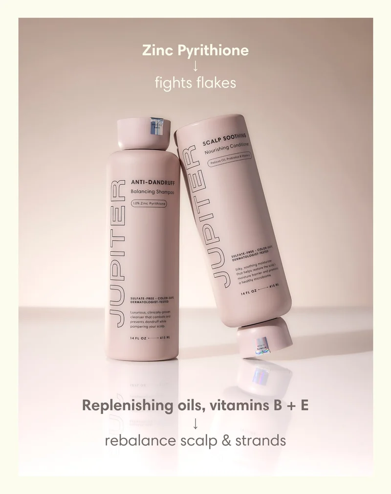 Zinc Pyrithione fights flakes Replenishing oils, vitamins B + E rebalance scalp & strands