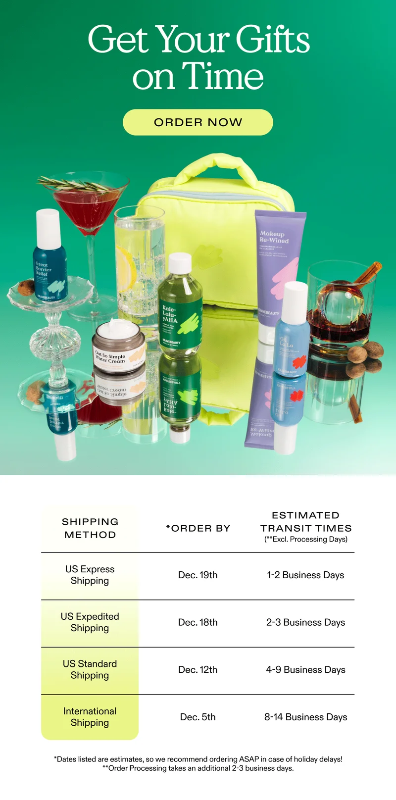 Get Your Gifts on Time - Order now! Shipping Cutoff Chart summarized: US Express Shipping - order by December 19th, takes 1-2 business days excluding processing days. US Expedited Shipping - order by December 18th, take 2-3 business days excluding processing days. US Standard Shipping - order by December 12th, takes 4-9 business days. International Shipping - order by December 5th, takes 8-14 business days. NOTE: Dates listed are estimates so we recommend ordering ASAP in case of holiday delays! Order Processing takes an additional 2-3 business days.