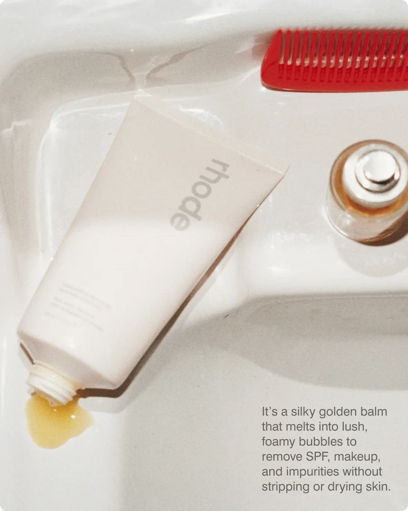 It’s a silky golden balm that melts into lush, foamy bubbles to remove SPF, makeup, and impurities without stripping or drying skin.