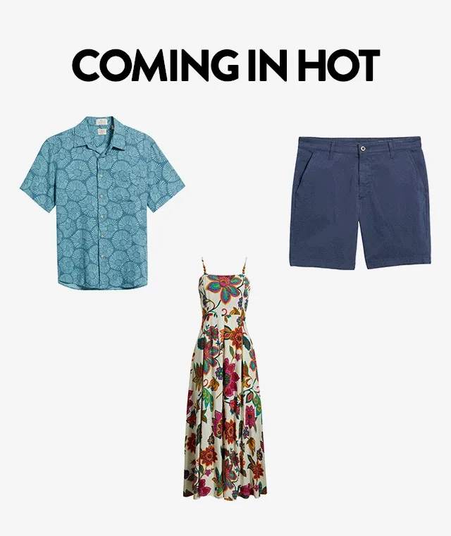 A dress, button-up shirt, shorts, handbag, sneakers and sandals.