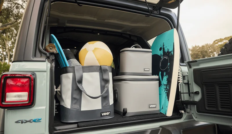 veer tote and coolers packed in the trunk