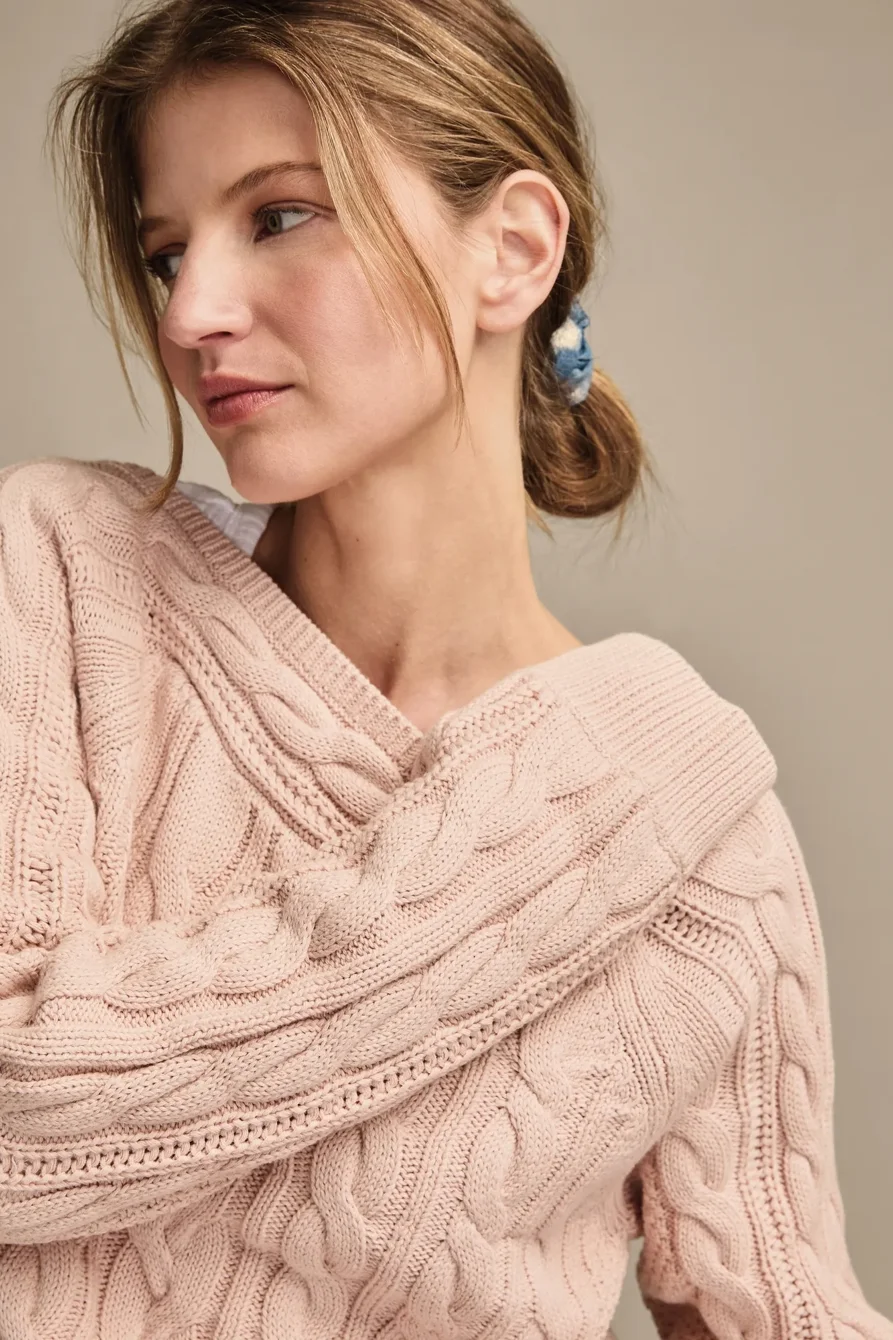 Image of Lucky Brand Boat Neck Cable Sweater - Women's Clothing Tops Sweaters in Rose Smoke