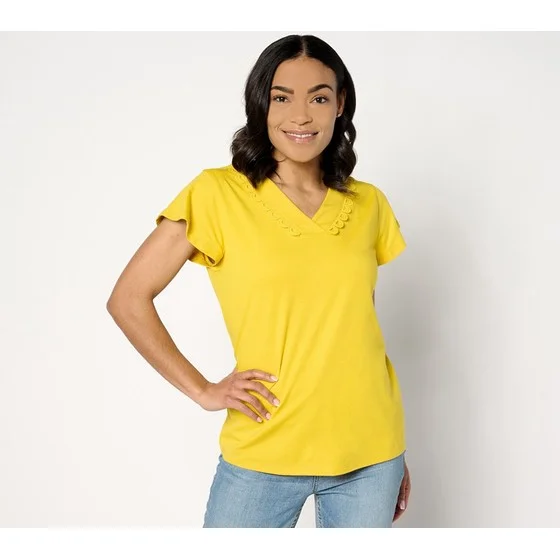Denim & Co. Favorite Jersey V-Neck Flutter Sleeve Lace Top