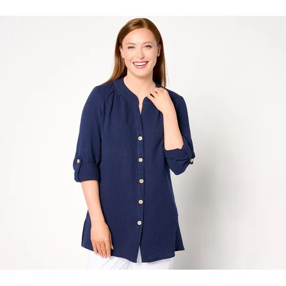 Denim & Co. By the Beach Regular Gauze Button Up Big Shirt