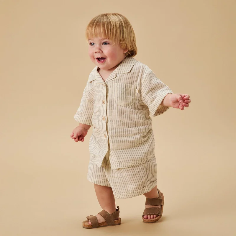 Image of Striped Muslin Short Sleeve Shirt & Shorts Set