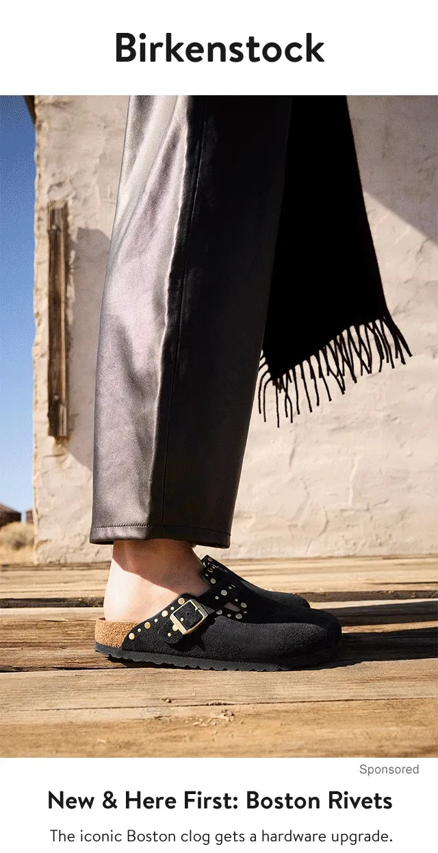 Birkenstock shoes in black, taupe and red with rivet details.