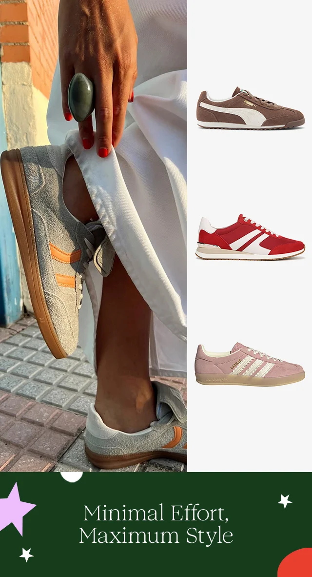 A woman wearing grey and orange sneakers with a long skirt. Brown, pink and red sneakers.