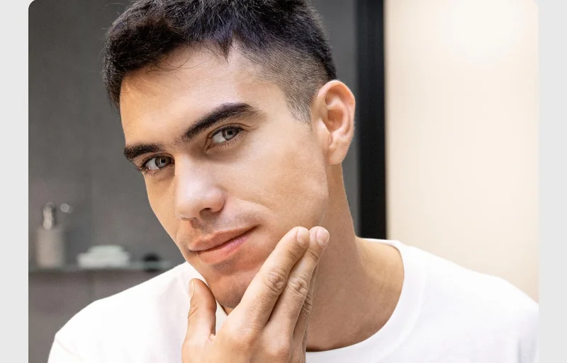 Young man touching his freshly shaved face