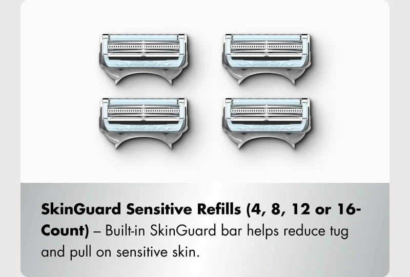SkinGuard Sensitive Refills (4, 8, 12 or 16-Count) – Built-in SkinGuard bar helps reduce tug and pull on sensitive skin.
