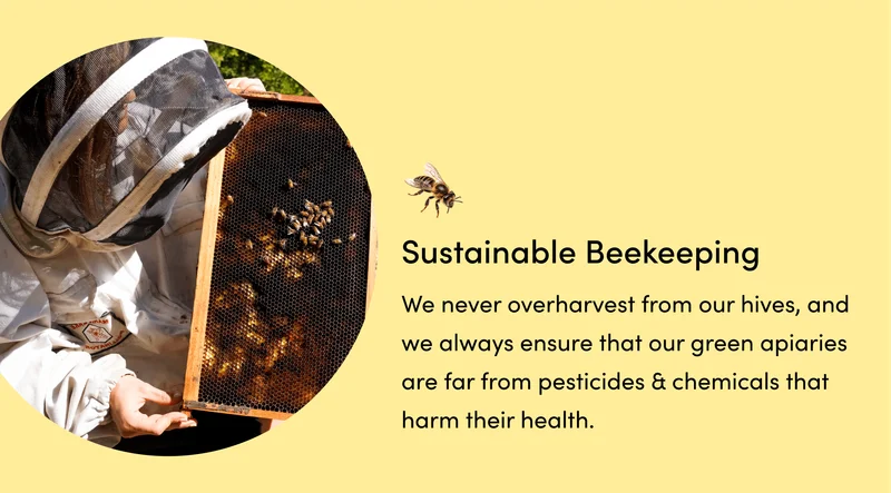 (1) Sustainable Beekeeping  We never overharvest from our hives, and we always ensure that our green apiaries are far from pesticides & chemicals that harm their health.