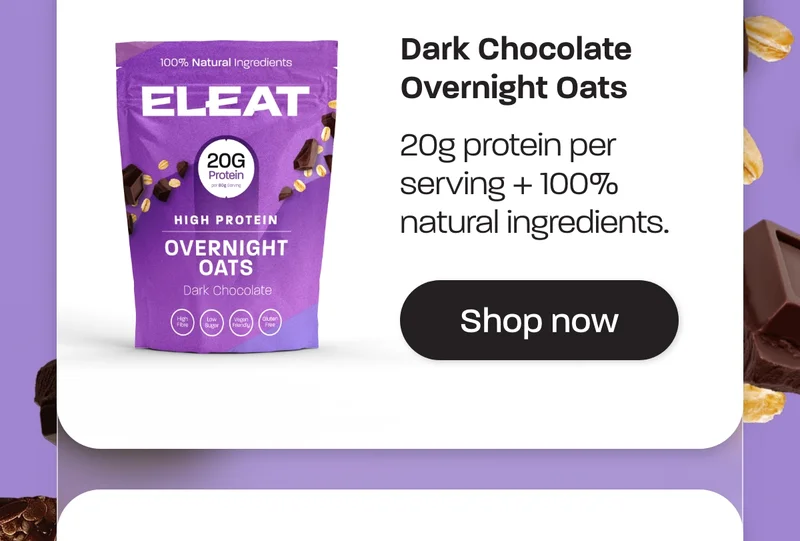 Dark Chocolate Overnight Oats - 20g protein per serving + 100% natural ingredients.