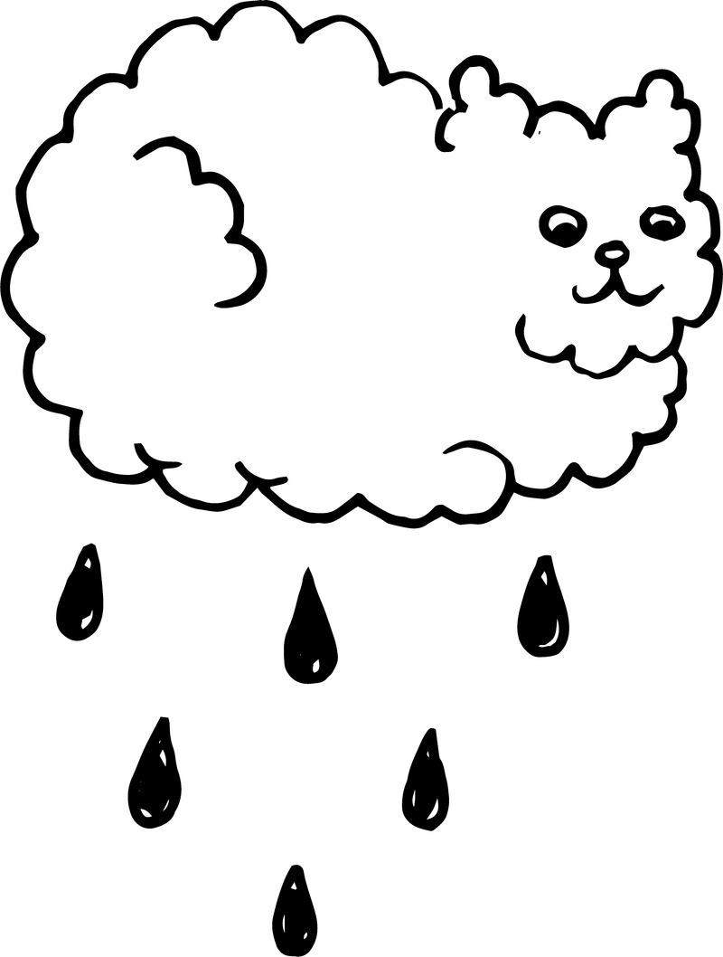 A black line drawing of a cloud shaped like a cat with raindrops falling from it.