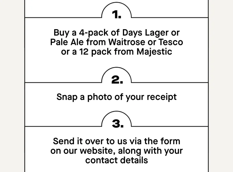 1. Buy a 4-pack of Days Lager or Pale Ale from Waitrose or Tesco or a 12 pack from Majestic 2. Snap a photo of your receipt 3. Send it over to us via the form on our website, along with your contact details 4. Crack open a Days and keep your fingers crossed, we’ll be in touch if you win a prize